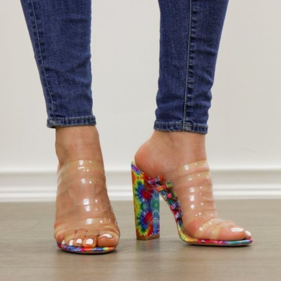 Shoes - Tie Dye Clear Strappy Chunky Heel Open Toe Sandals